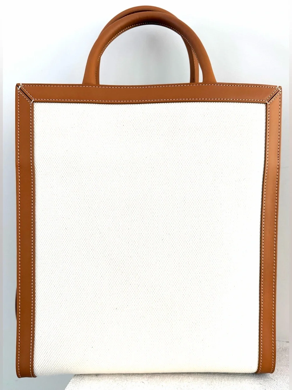 CELINE Small Vertical Cabas Natural Canvas Tan Leather Tote Crossbody